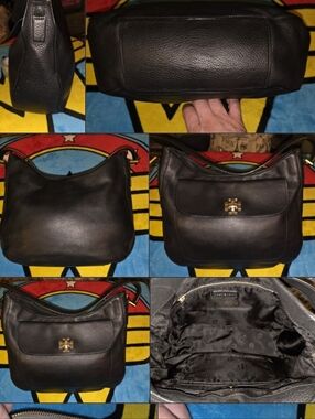 Tory Burch Black Pebbled Italian Leather Shoulder Bag with Gold Logo